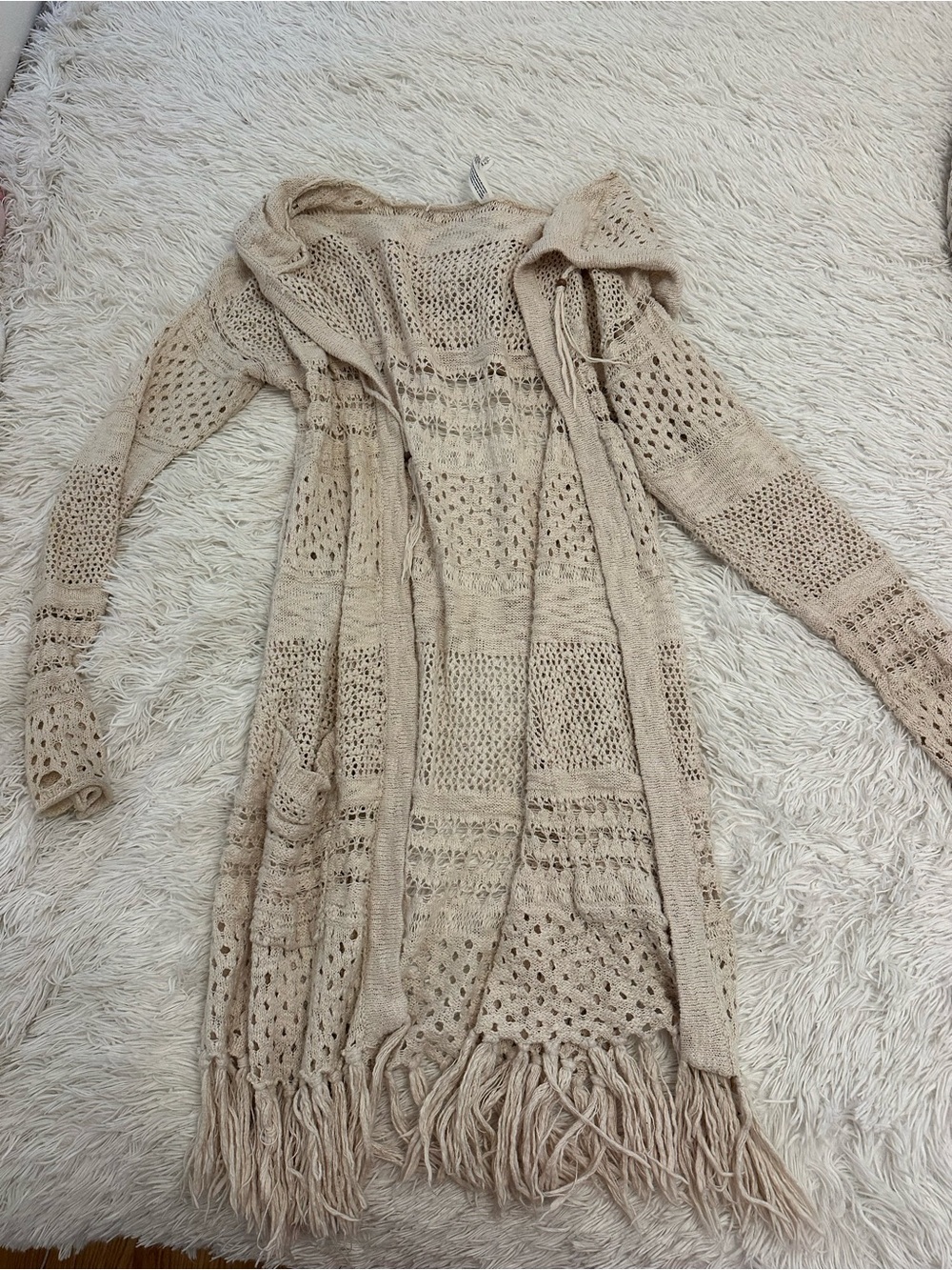 Bethany Mota Cream Open-Weave Fringe Long Cardigan